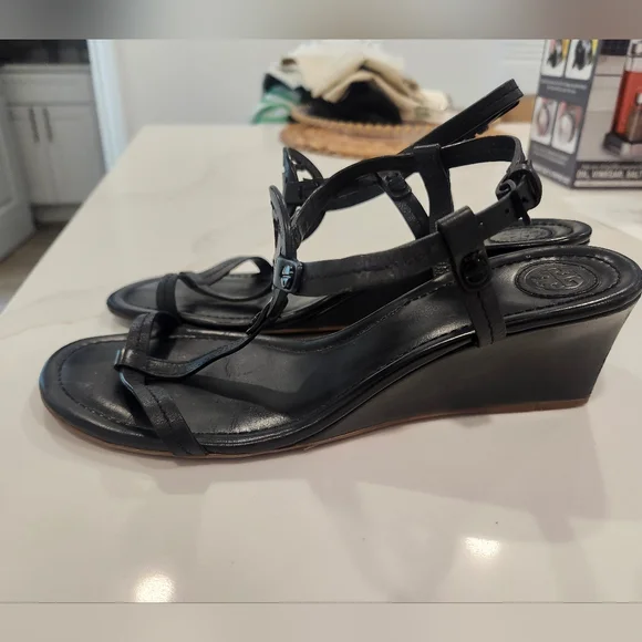 Tory Burch Miller Black Leather Wedge Sandals - Picture 9 of 14